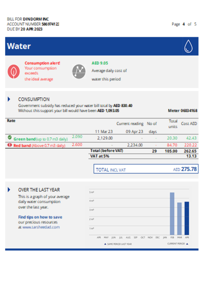 Al Ain Distribution Company utility business bill, page 4, SCR PSD template